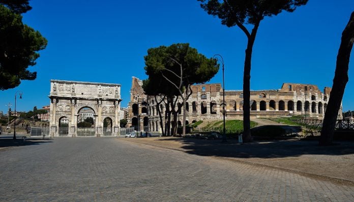 Colosseum and Arch of Constantine during the Coronavirus pandemic (Covid-19). Rome (Italy), March 19th, 2020 (Photo by Marilla Sicilia/Mondadori Portfolio/Sipa USA)